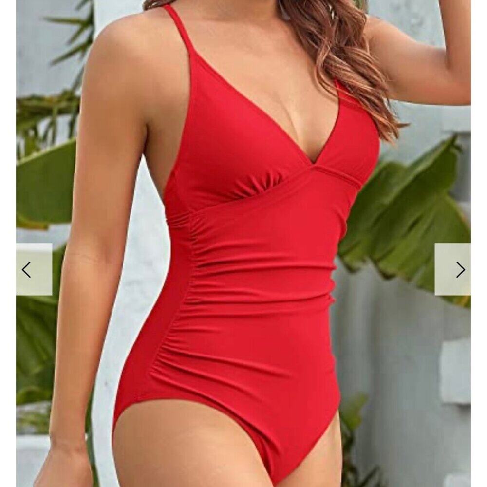 Tempt Me Women Red One Piece Swimsuit Ruched V Neck Tummy Control XXL NWT